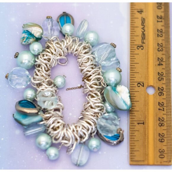 Vintage Blue Pearls Stone Rock Gems Unkempt Chain Link Bracelet | 6 inch | J29 - Picture 3 of 3